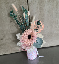 Load image into Gallery viewer, Blush pink, green &amp; neutral flowers in pot w Happy Birthday tag
