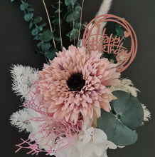 Load image into Gallery viewer, Blush pink, green &amp; neutral flowers in pot w Happy Birthday tag
