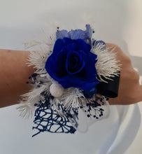 Load image into Gallery viewer, Blue &amp; white preserved flowers corsage w mini rose - School formal / wedding
