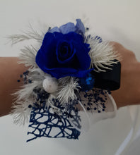 Load image into Gallery viewer, Blue &amp; white preserved flowers corsage w mini rose - School formal / wedding
