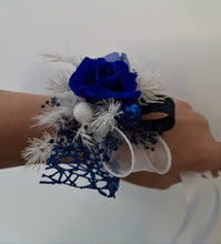 Load image into Gallery viewer, Blue &amp; white preserved flowers corsage w mini rose - School formal / wedding
