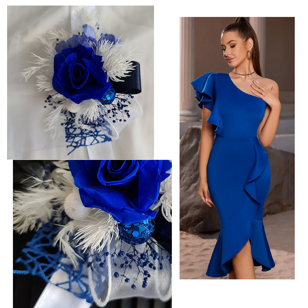 Blue & white preserved flowers corsage w mini rose - School formal / wedding