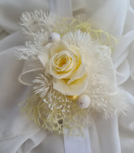 Load image into Gallery viewer, Yellow &amp; white preserved flowers corsage w mini rose - School formal / wedding
