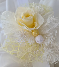 Load image into Gallery viewer, Yellow &amp; white preserved flowers corsage w mini rose - School formal / wedding
