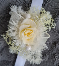 Load image into Gallery viewer, Yellow &amp; white preserved flowers corsage w mini rose - School formal / wedding
