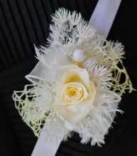 Load image into Gallery viewer, Yellow &amp; white preserved flowers corsage w mini rose - School formal / wedding
