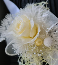 Load image into Gallery viewer, Yellow &amp; white preserved flowers corsage w mini rose - School formal / wedding
