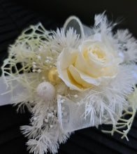 Load image into Gallery viewer, Yellow &amp; white preserved flowers corsage w mini rose - School formal / wedding
