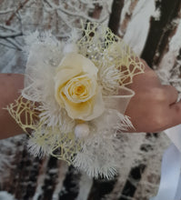 Load image into Gallery viewer, Yellow &amp; white preserved flowers corsage w mini rose - School formal / wedding
