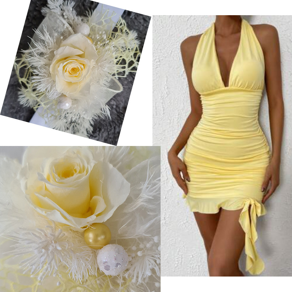 Yellow & white preserved flowers corsage w mini rose - School formal / wedding