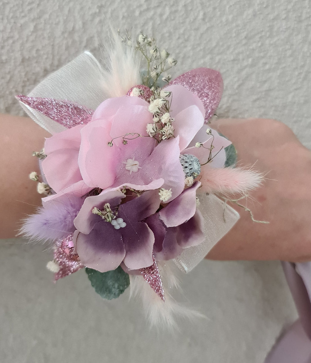 Pastel pink & purple everlasting flowers corsage - School formal / wedding