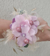 Load image into Gallery viewer, Everlasting flowers corsage in pastel pink &amp; purple w glitter - School formal / wedding
