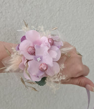 Load image into Gallery viewer, Everlasting flowers corsage in pastel pink &amp; purple w glitter - School formal / wedding
