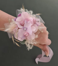 Load image into Gallery viewer, Everlasting flowers corsage in pastel pink &amp; purple w glitter - School formal / wedding
