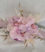 Load image into Gallery viewer, Everlasting flowers corsage in pastel pink &amp; purple w glitter - School formal / wedding
