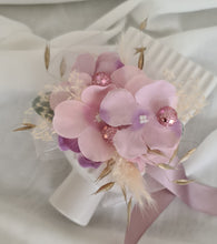 Load image into Gallery viewer, Everlasting flowers corsage in pastel pink &amp; purple w glitter - School formal / wedding
