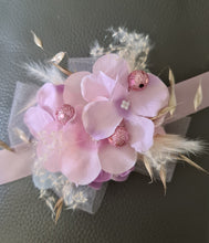 Load image into Gallery viewer, Everlasting flowers corsage in pastel pink &amp; purple w glitter - School formal / wedding
