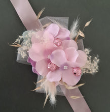 Load image into Gallery viewer, Everlasting flowers corsage in pastel pink &amp; purple w glitter - School formal / wedding
