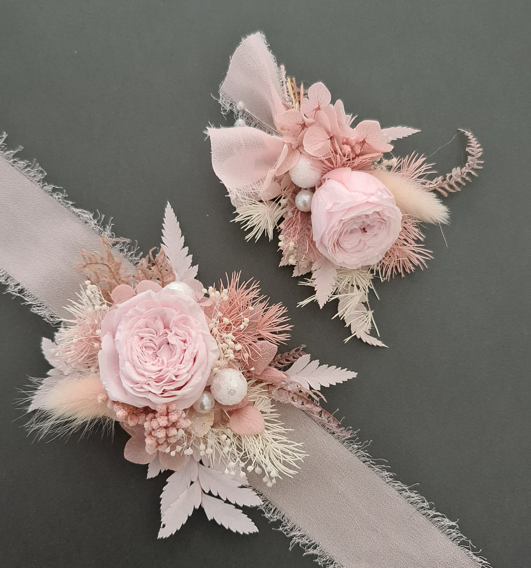 Mini preserved peony corsage & buttonhole - baby & dusty pink colours – school formal