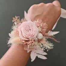 Load image into Gallery viewer, Mini preserved peony corsage &amp; buttonhole - baby &amp; dusty pink colours – school formal
