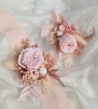 Load image into Gallery viewer, Mini preserved peony corsage &amp; buttonhole - baby &amp; dusty pink colours – school formal
