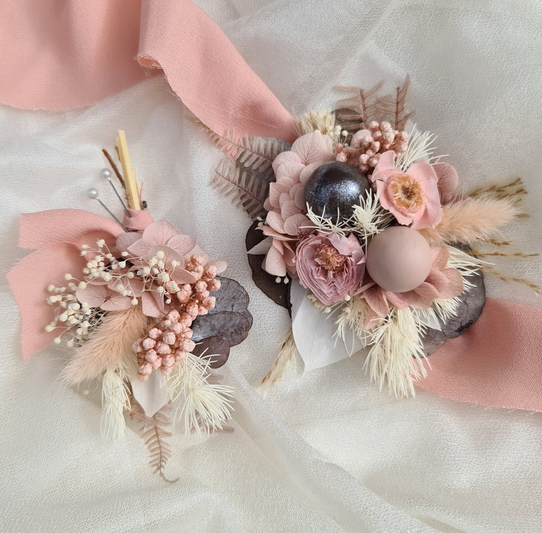 Preserved flowers dusty & blush pink corsage & buttonhole - School formal / wedding