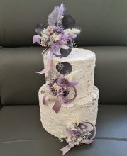 Load image into Gallery viewer, Preserved flowers - triple cake toppers / rings – violet, purple &amp; silver
