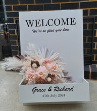 Load image into Gallery viewer, Welcome Sign Flower box with custom writing &amp; blush pink flowers - HIRE ONLY
