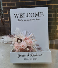 Load image into Gallery viewer, Welcome Sign Flower box with custom writing &amp; blush pink flowers - HIRE ONLY
