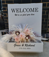 Load image into Gallery viewer, Welcome Sign Flower box with custom writing &amp; blush pink flowers - HIRE ONLY
