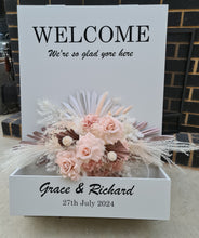 Load image into Gallery viewer, Welcome Sign Flower box with custom writing &amp; blush pink flowers - HIRE ONLY
