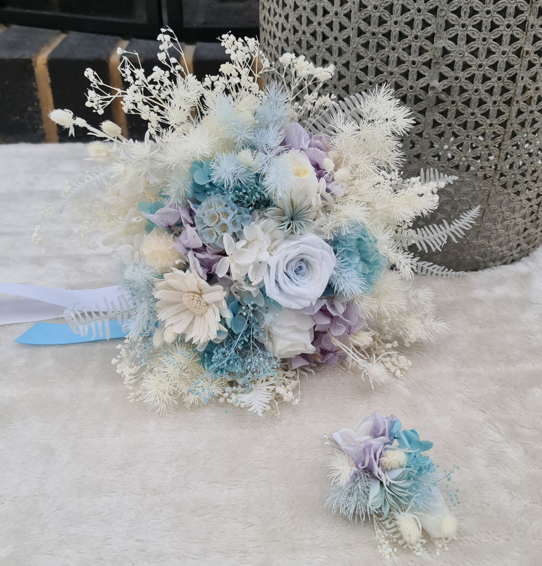 Preserved flowers Bridal bouquet & matching buttonhole in blue