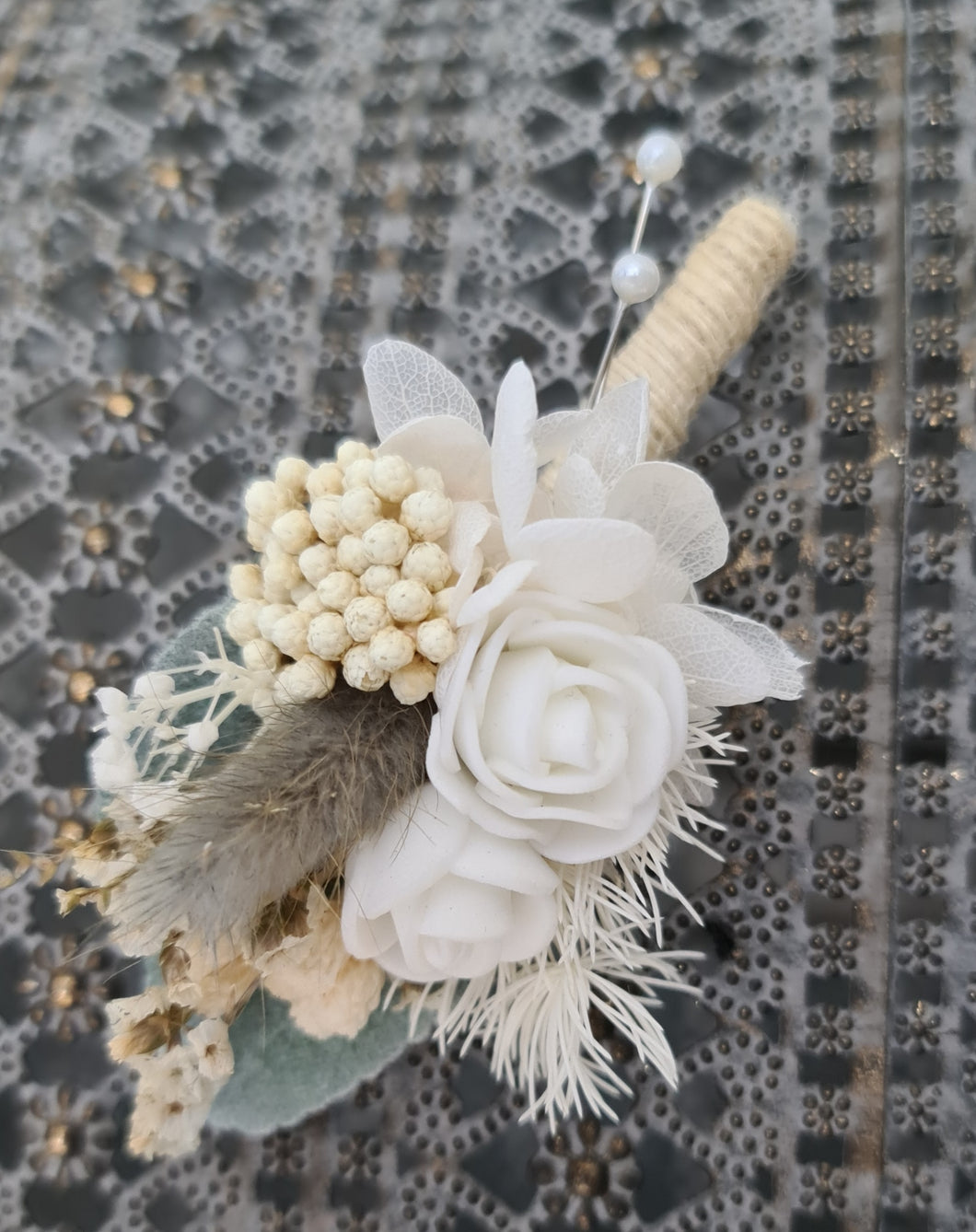 Wedding buttonholes green & white