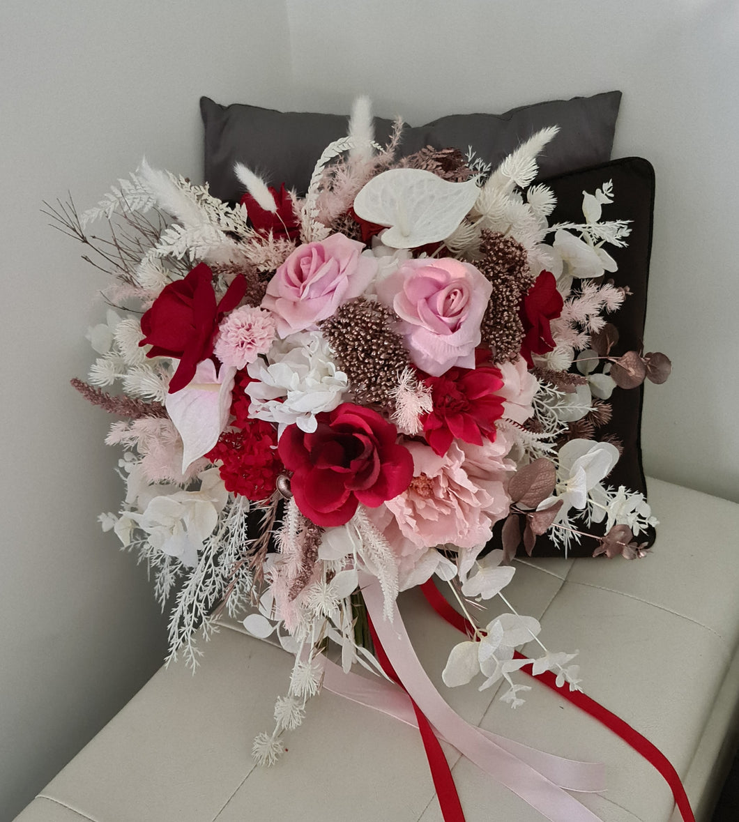 Red, white & rose gold bridal bouquet