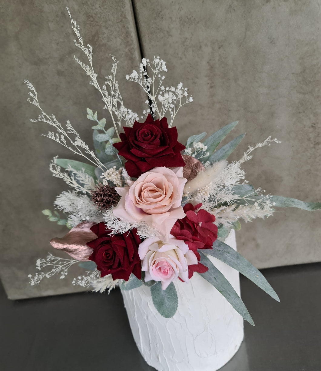 Burgundy & green wedding cake topper