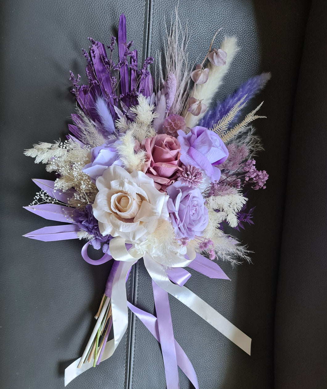 Bridal bouquet in lilac, purple & neutral