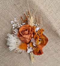 Load image into Gallery viewer, Rusty rustic fully preserved groom&#39;s buttonhole w mini rose
