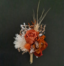 Load image into Gallery viewer, Rusty rustic fully preserved groom&#39;s buttonhole w mini rose
