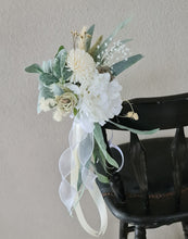 Load image into Gallery viewer, Aisle chair flowers in neutral, green and sage green colours
