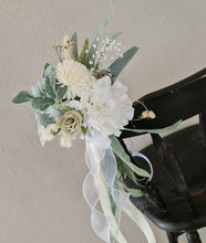 Load image into Gallery viewer, Aisle chair flowers in neutral, green and sage green colours
