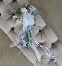 Load image into Gallery viewer, Aisle chair flowers in neutral, green and sage green colours
