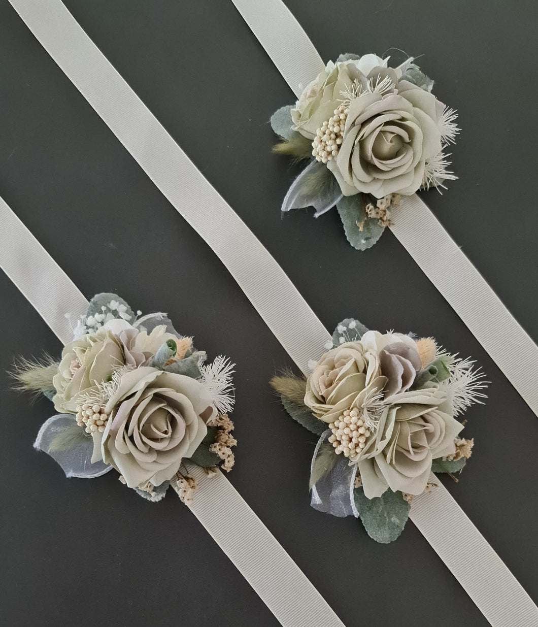 Sage green and neutral corsages