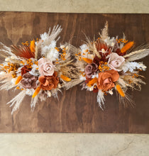 Load image into Gallery viewer, Wine barrel rustic flowers in wood stump pots
