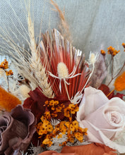 Load image into Gallery viewer, Wine barrel rustic flowers in wood stump pots
