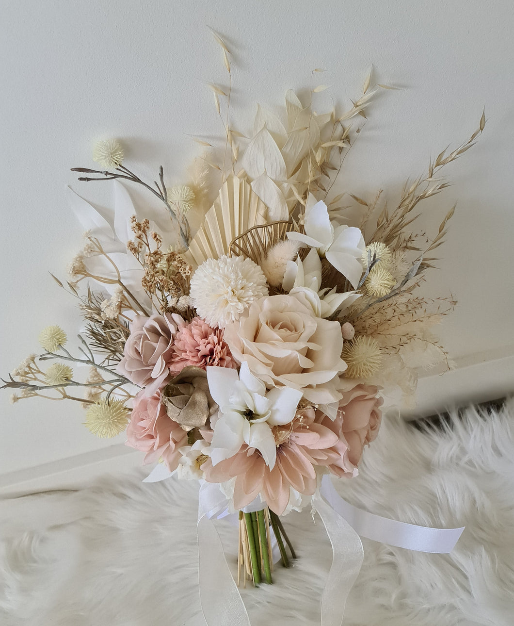 Everlasting flowers bridal bouquet in blush & champagne gold