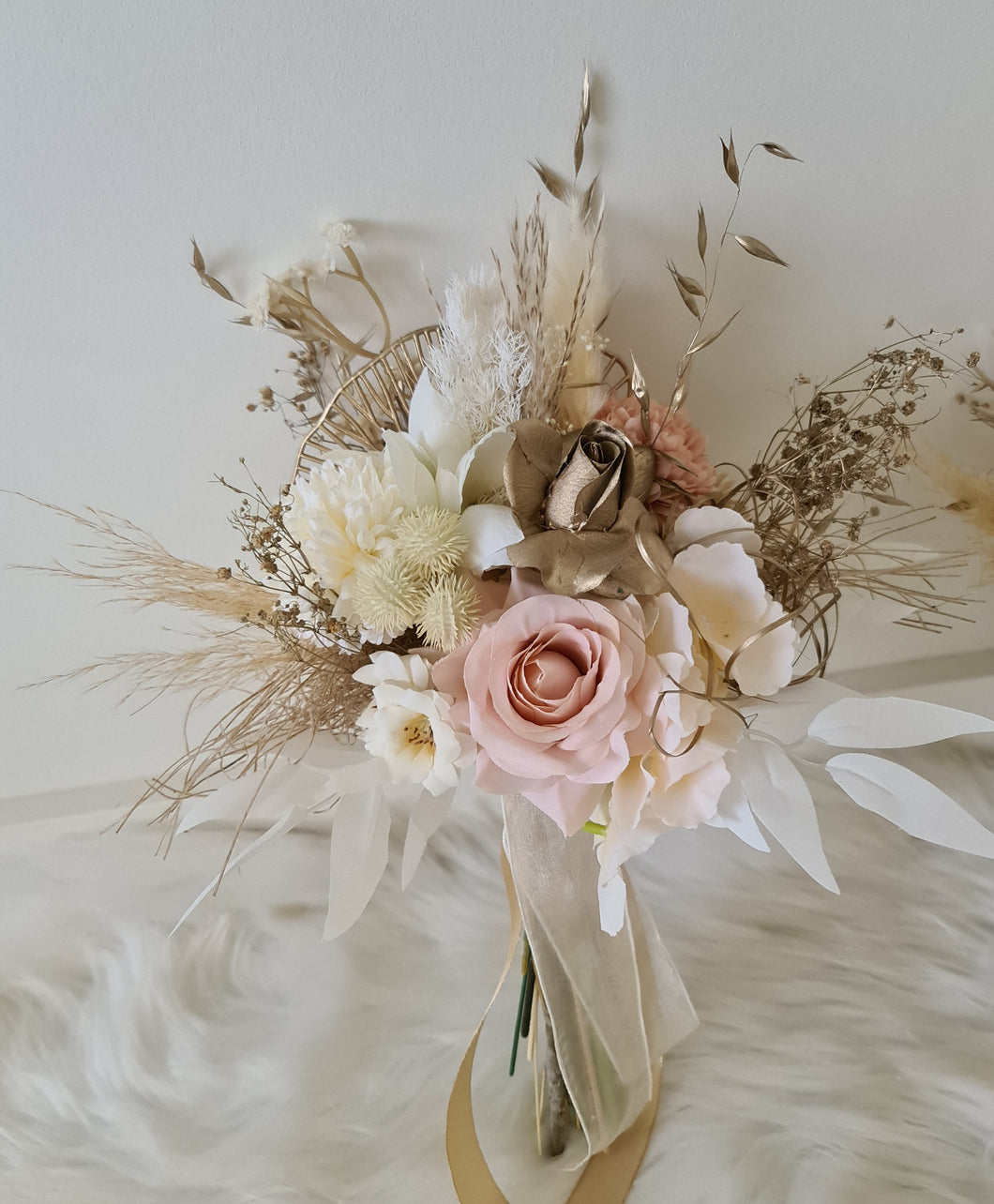 Everlasting flowers bridesmaids bouquet in blush & champagne gold